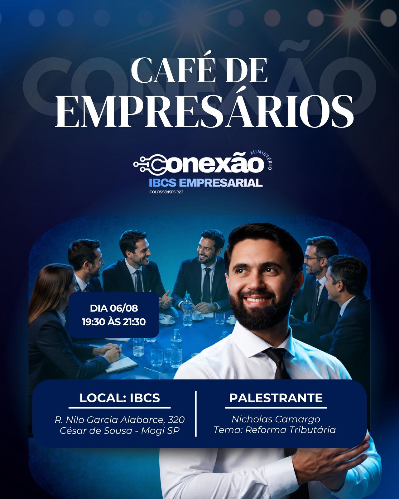 Card oficial do evento Café de Empresários — Reforma Tributária